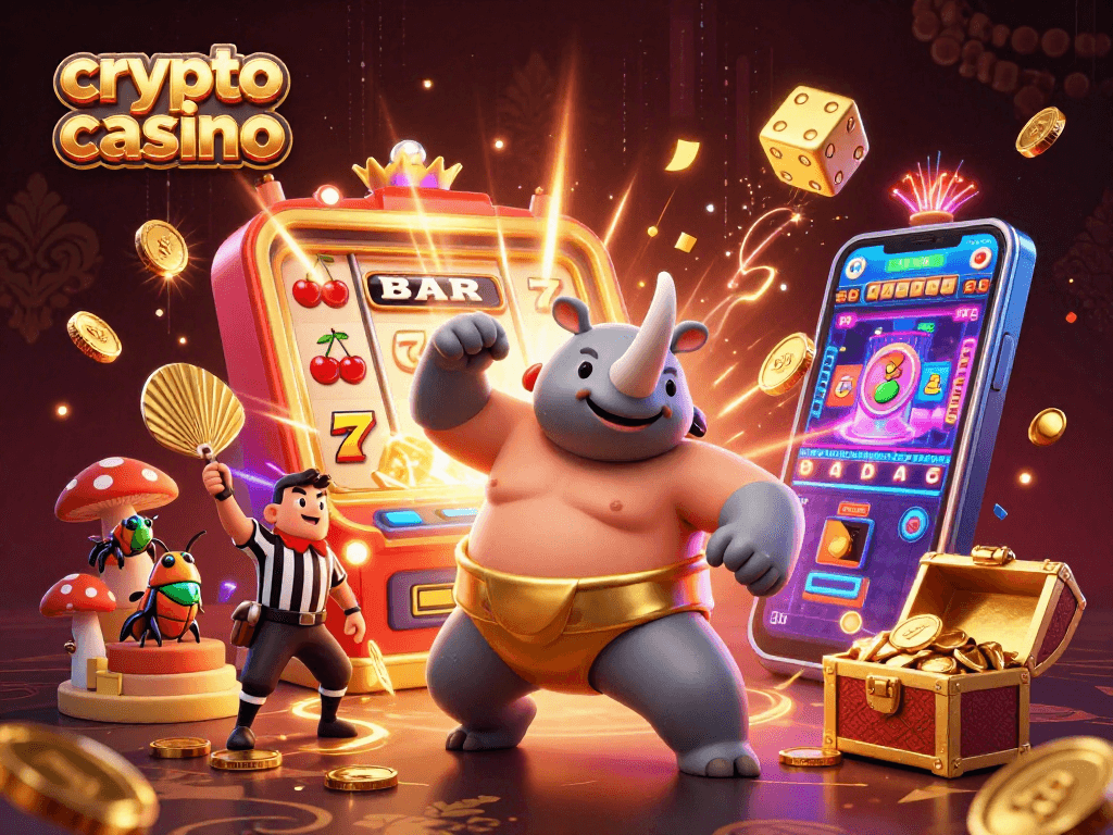 Experience the excitement of a crypto casino with a dynamic scene featuring a sumo champion beetle and jackpot elements.
