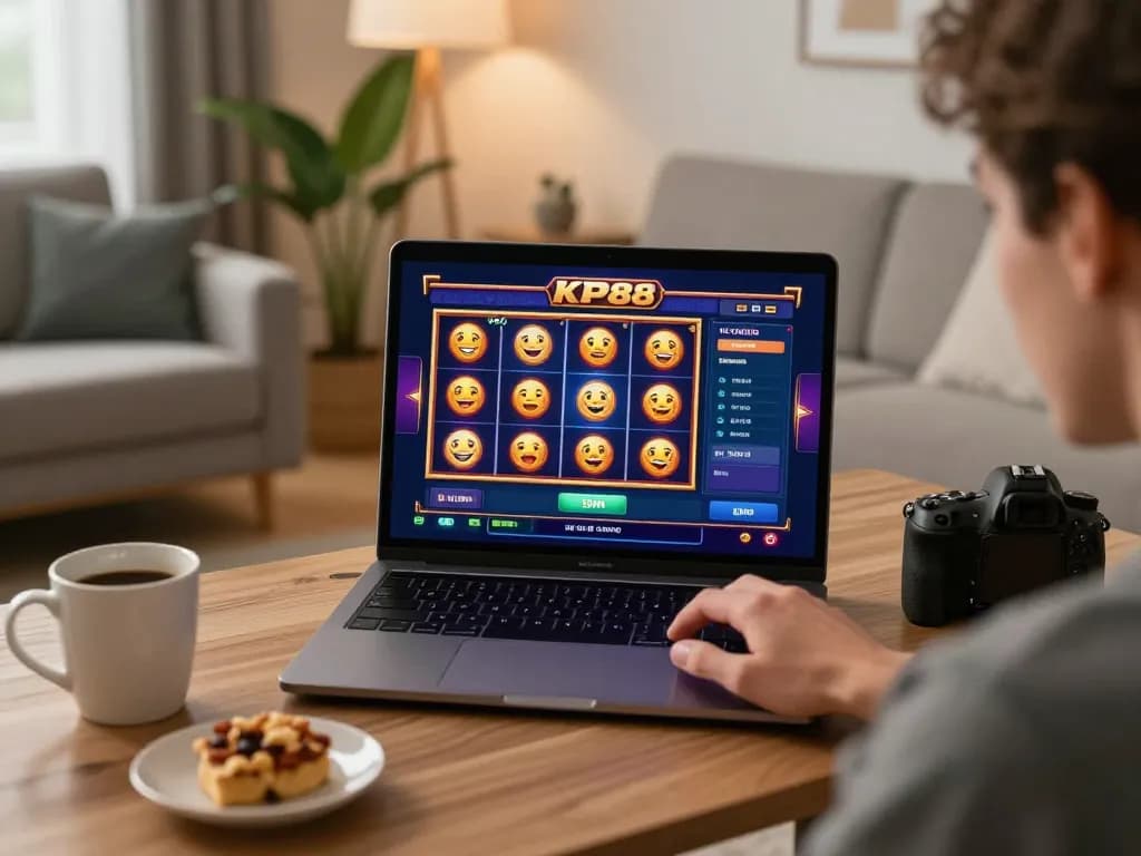Engaging with KP88 com online casino gaming on a laptop in a cozy home setting.