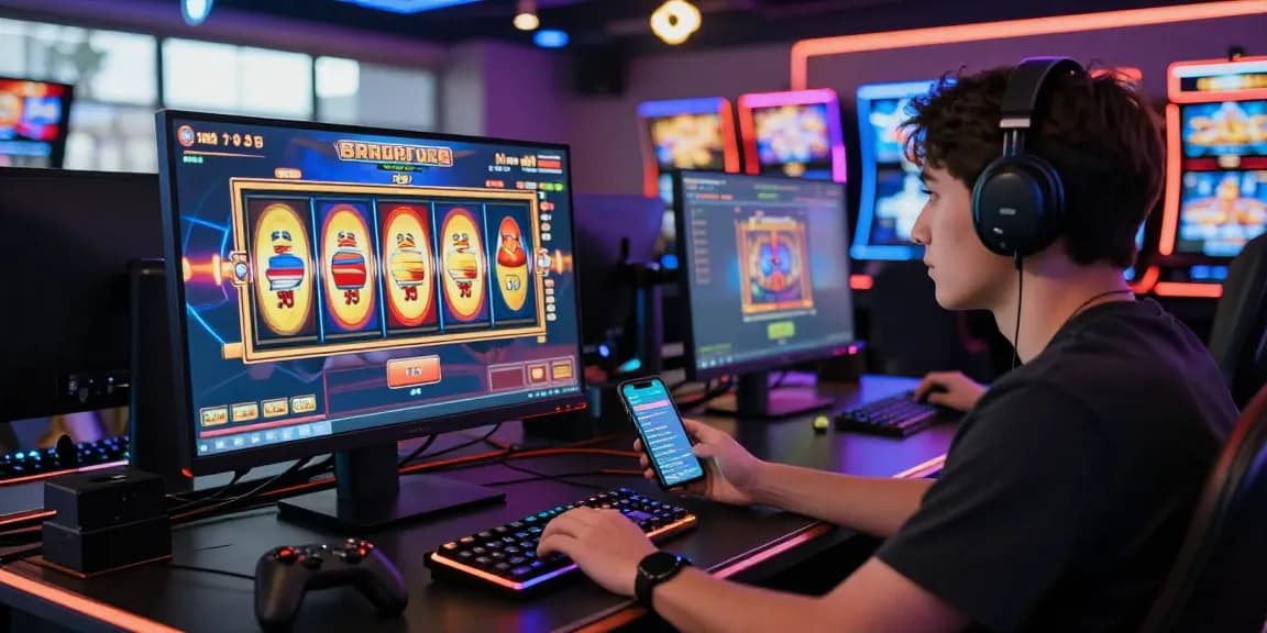 Engaged player spinning demo slot reels in vibrant online casino environment.