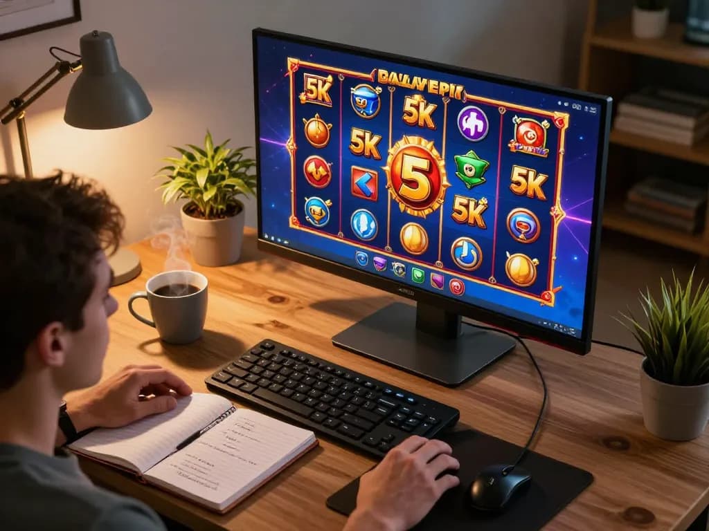 Player engaged in slot 5k gaming session at home, focusing on vibrant online slots and gaming strategies.