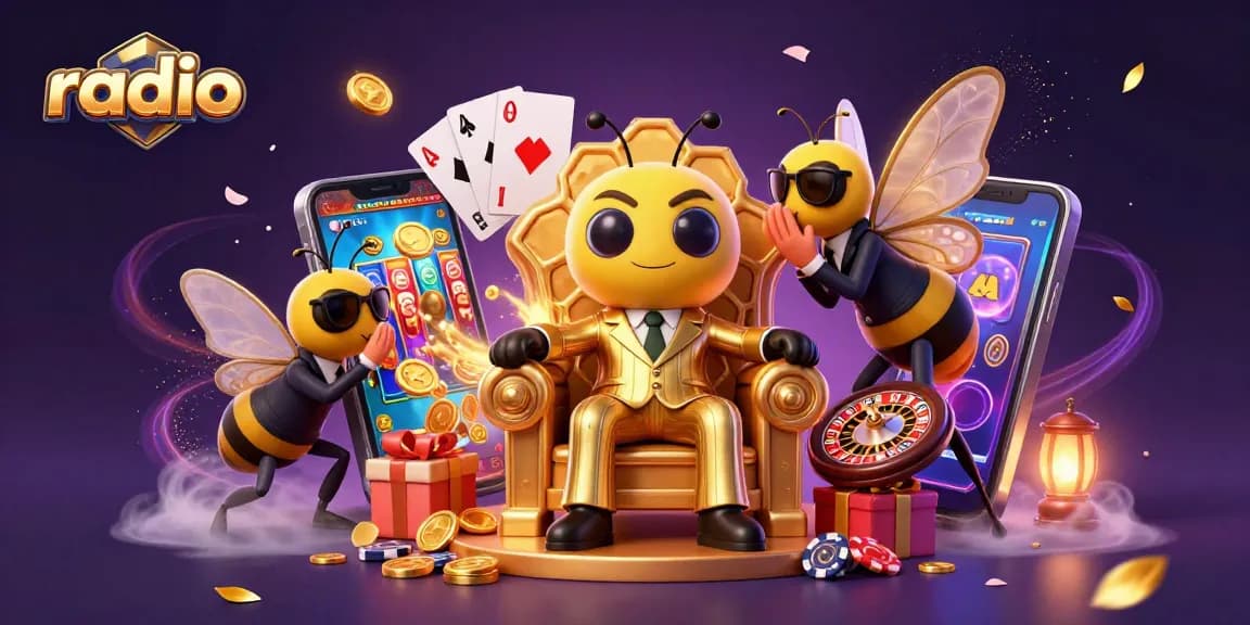 Increase engagement with radio-themed cartoon bumblebee mob boss in a vibrant casino scene.