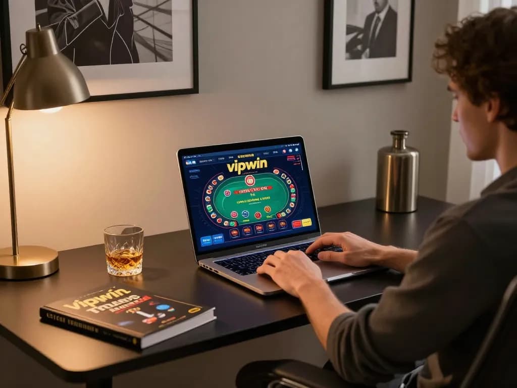 Person playing poker on vipwin online casino in a stylish home office.
