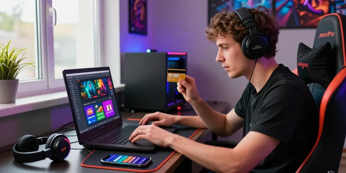 Excited player enjoying games at credit card casinos at euf.co.uk with dynamic gaming setup.