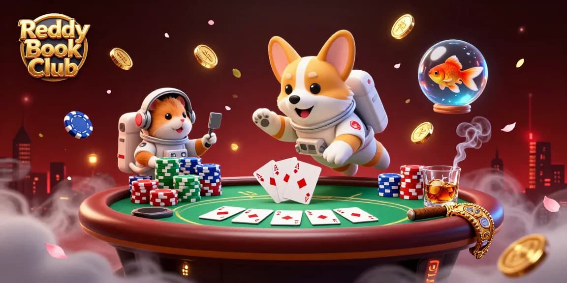 Engage with Reddy Book Club in a vibrant space casino scene filled with poker elements and floating assets.