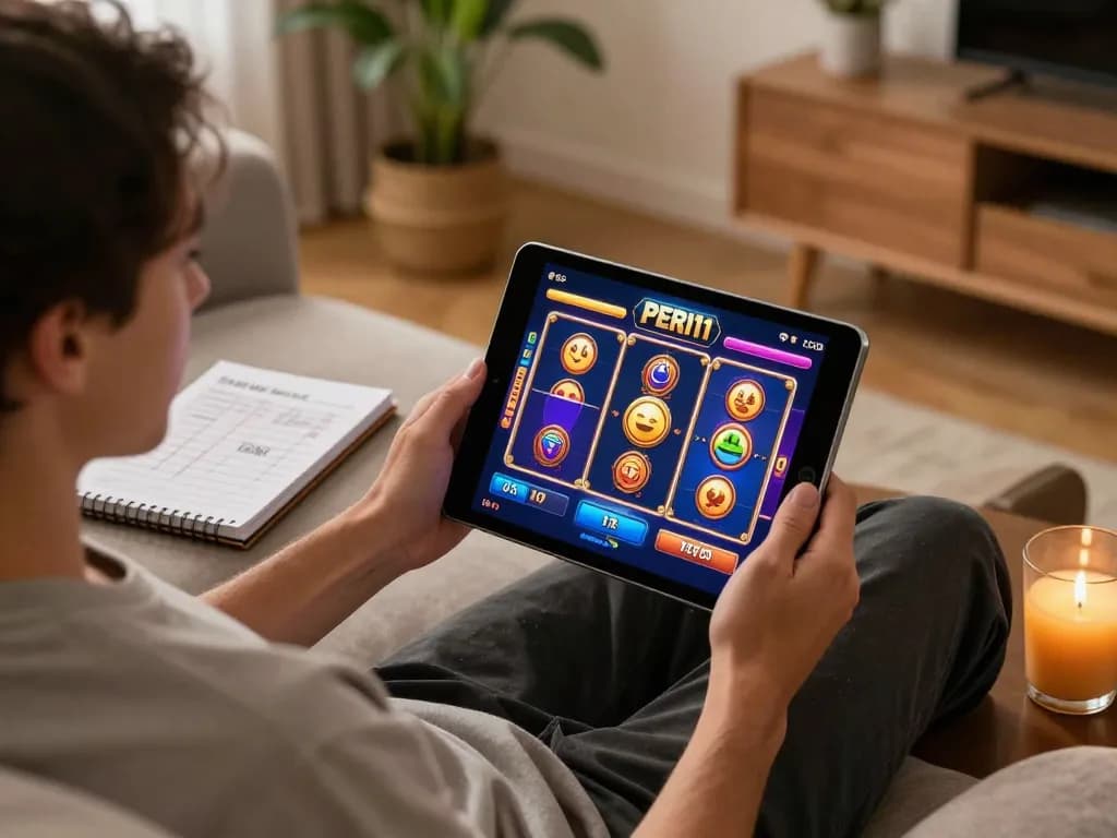 Experience PERI11 online gaming with vibrant slot interface in a cozy home setting