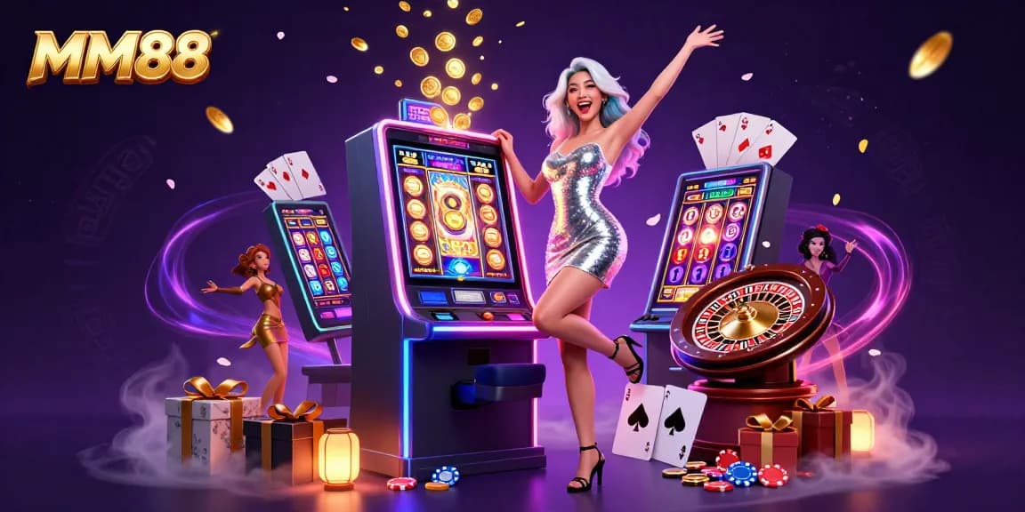 Join the excitement at MM88 with a stunning Asian woman celebrating a jackpot win at the casino.