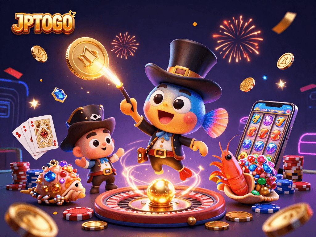 Experience the excitement of JPTOTO with sparkling coins and gem treasures in this vibrant casino scene.