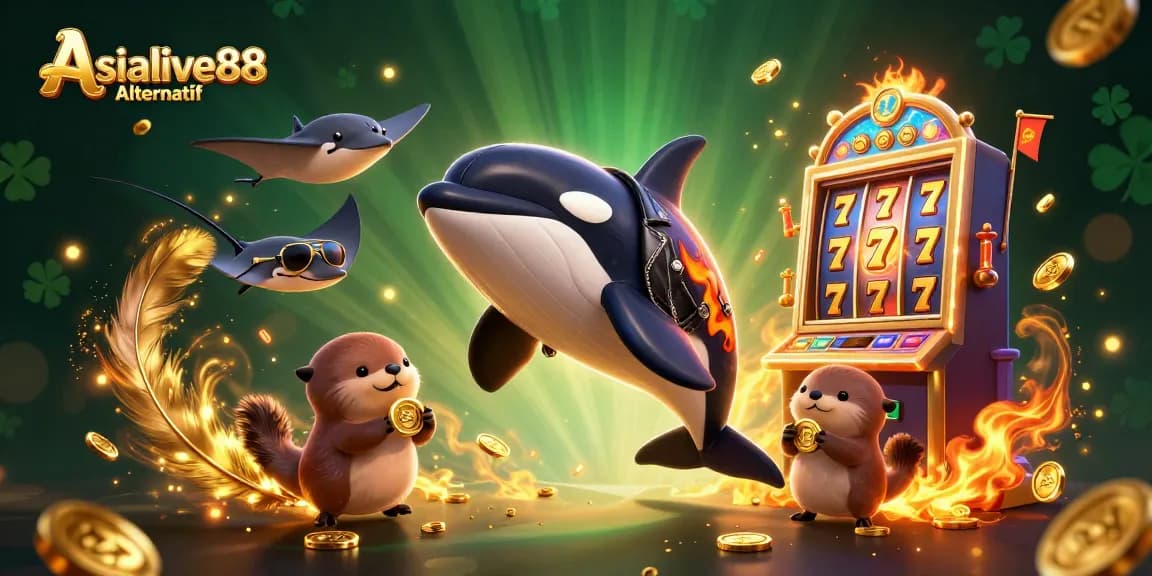 Bet big with Asialive88 Alternatif, featuring cartoon orca, stingray, and sea otter family in a casino-themed illustration.