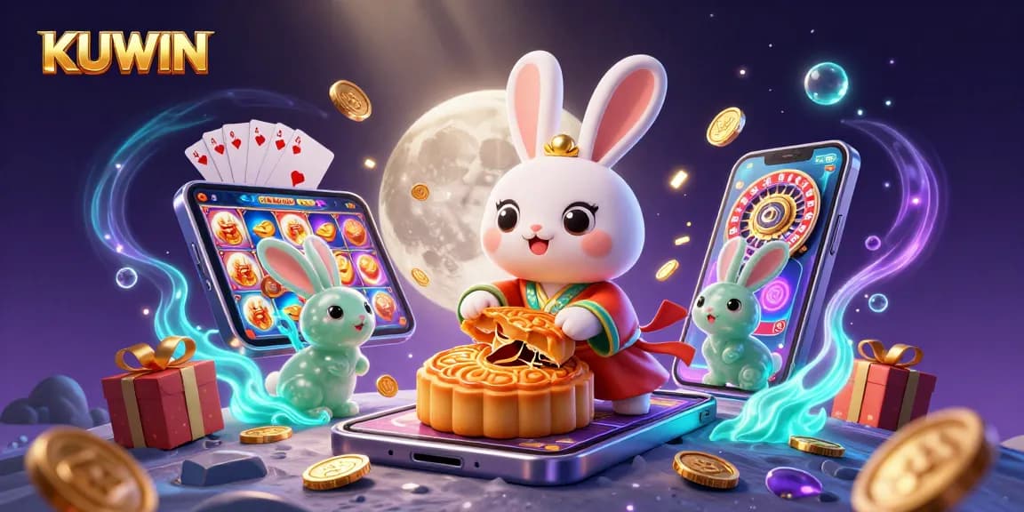 KUWIN participants engaging with lively poker chips and slot games in a magical moonlit scene
