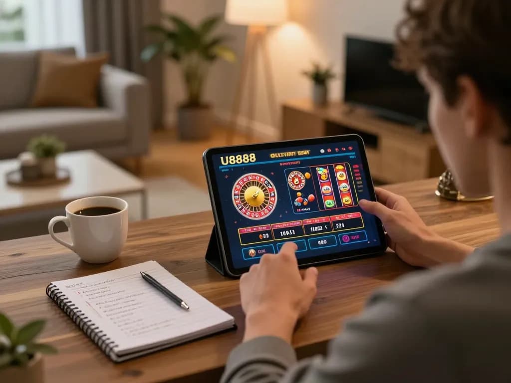 Player enjoying the U8888 online casino gameplay on a tablet in a cozy home setting