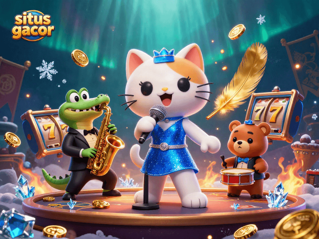 Experience the vibrant atmosphere of situs gacor with lively characters and dynamic casino elements in this 3D illustration.