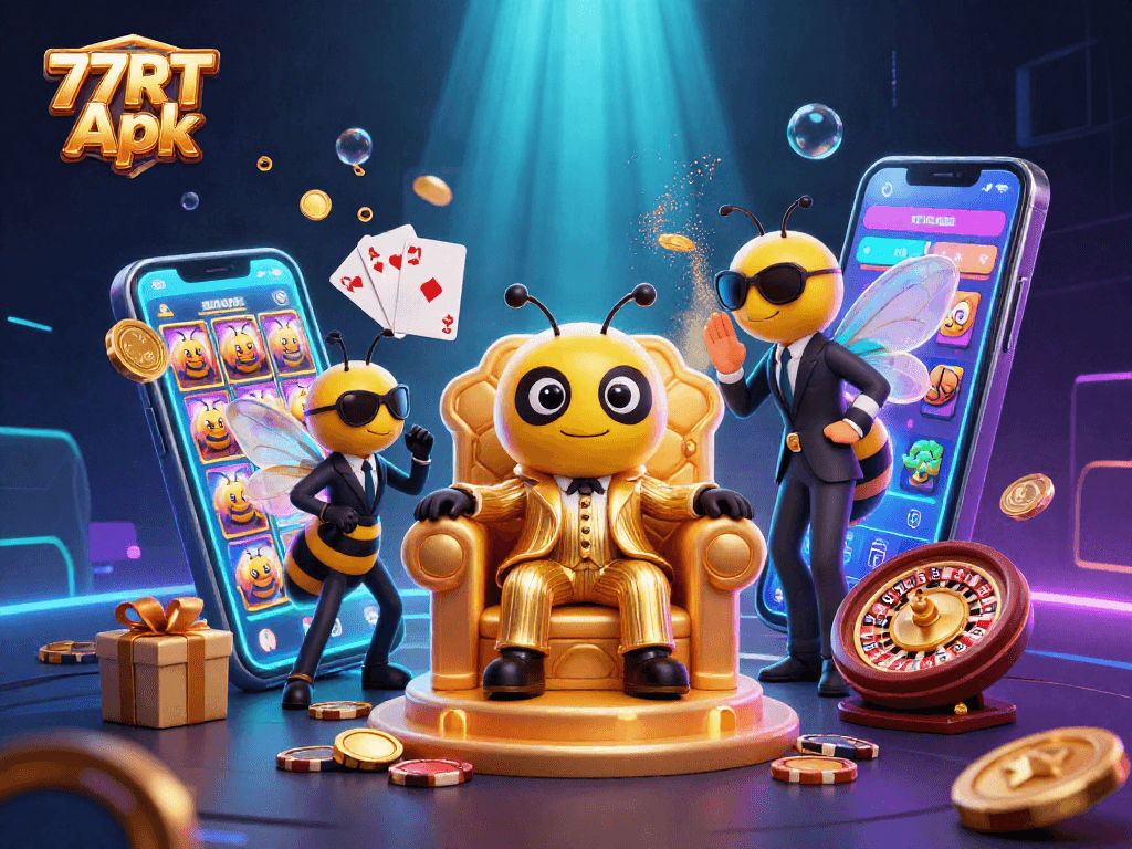 Engage in the excitement of 77RT Apk with dynamic casino game elements and vibrant characters.