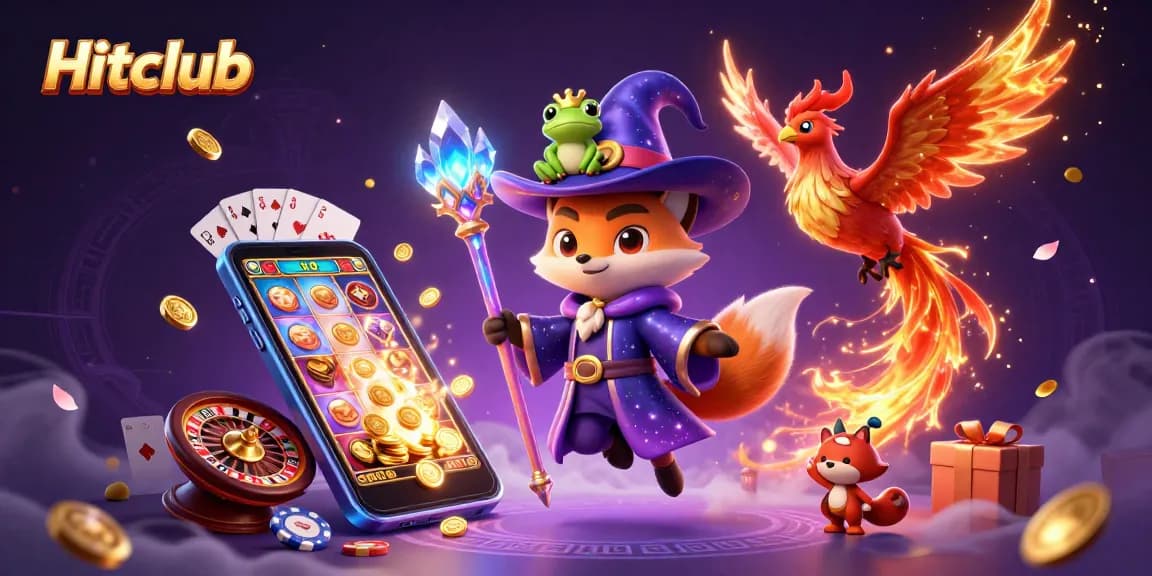 Experience the magic of Hitclub with wizard characters, slot games, and vibrant casino elements.