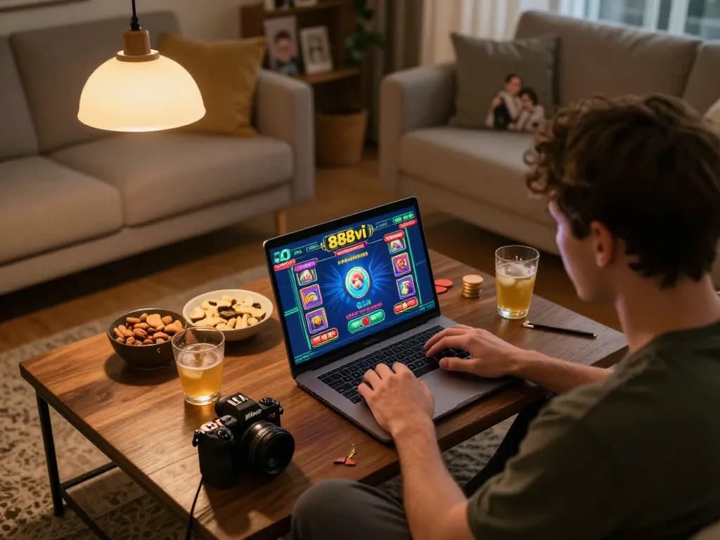 Engaged player enjoying online gaming at 888vi with cozy home setup and colorful screen.