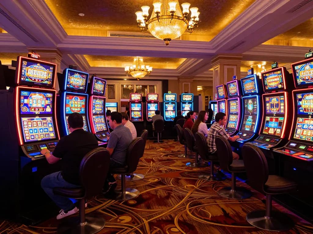 Dewa slot gameplay excitement at upscale casino with vibrant slot machines and engaged players