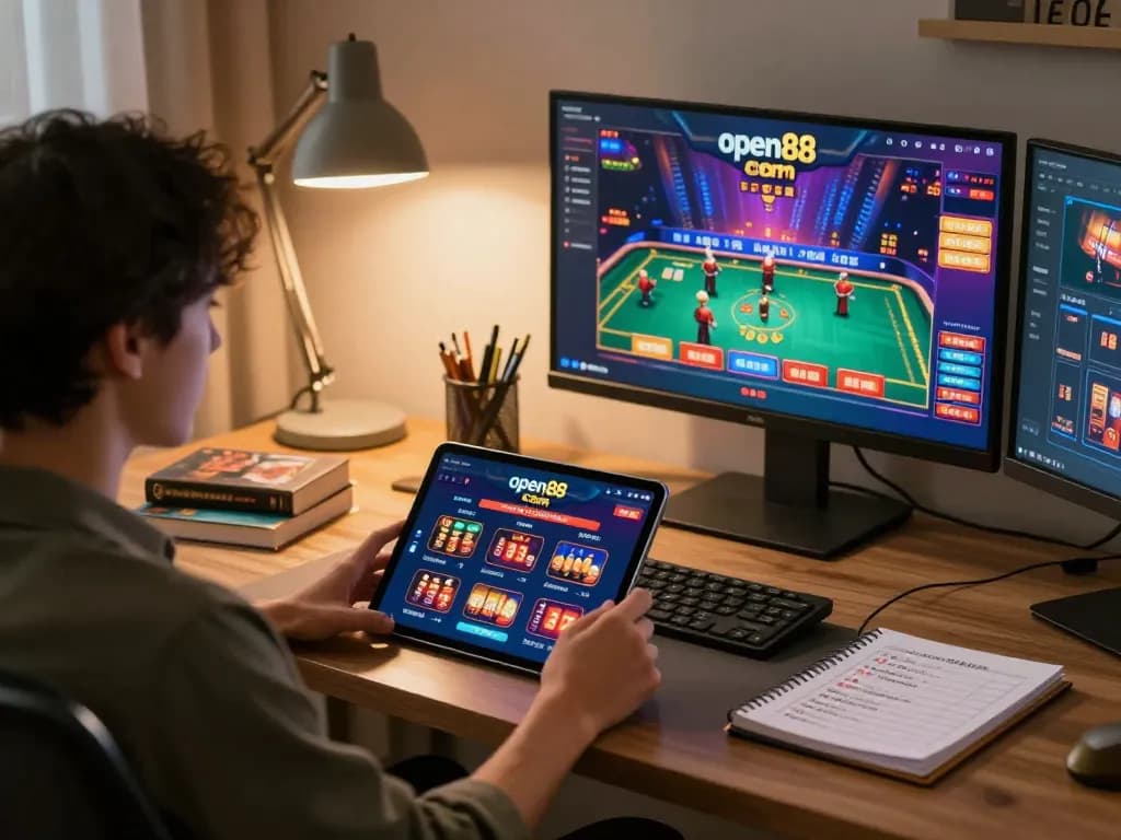 Person engaged in online gaming at open88 com, using tablet in a modern home office with warm lighting.