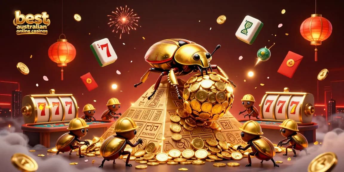 Engage with the best Australian online casinos in a vibrant 3D scene of gold coins and entertainment.