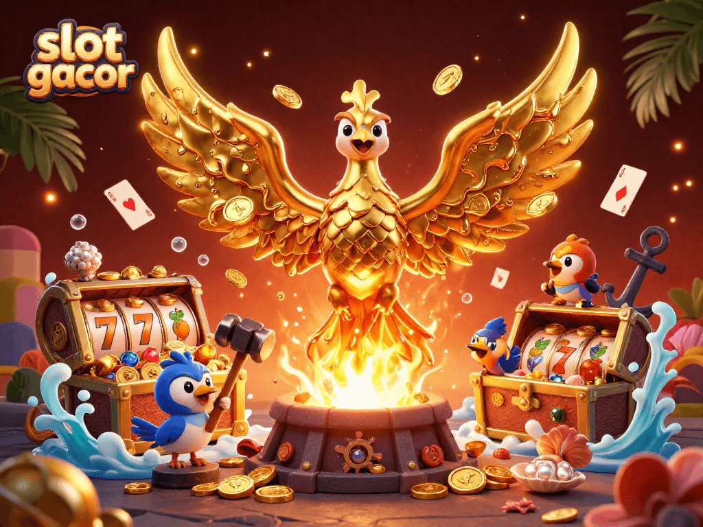 Spin the slot gacor to uncover treasure and win gold coins in a vibrant casino scene.