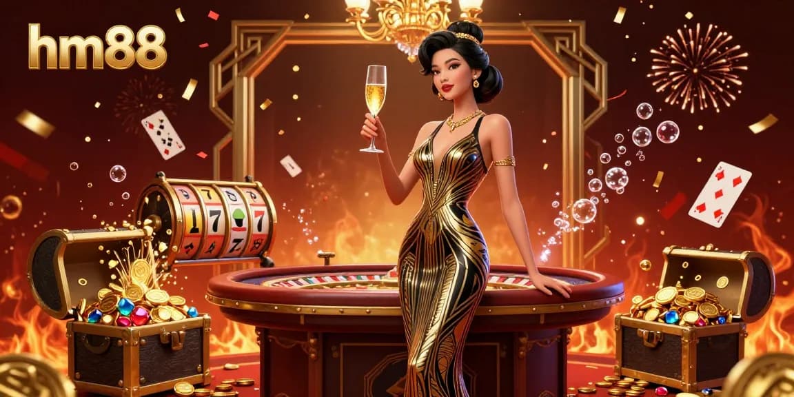 Engage in the thrilling world of gambling with hm88, featuring an elegant casino scene with luxurious elements.