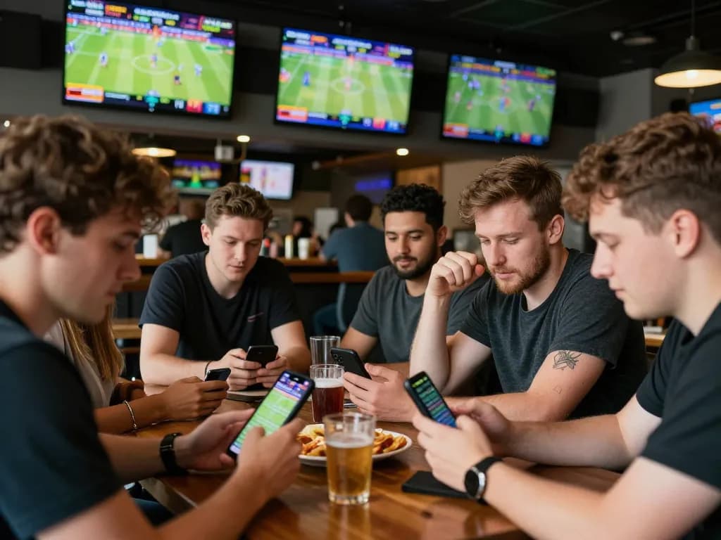 Nohu90 sports betting excitement as friends gather at a lively bar to place wagers