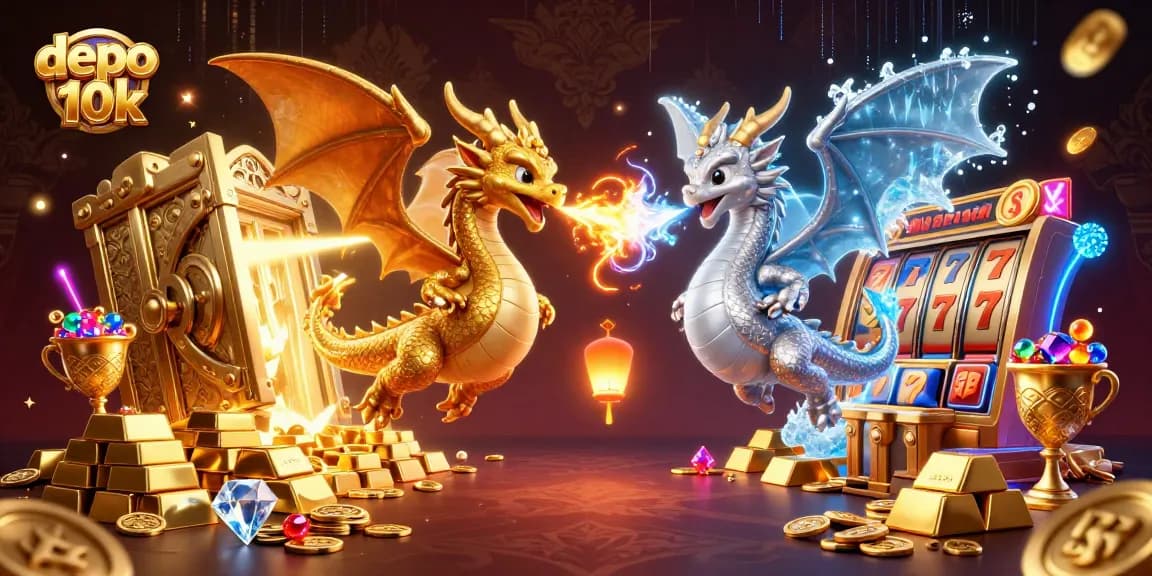 Engage with the jackpot excitement of depo 10k in a rich 3D illustration featuring dragons and treasures.