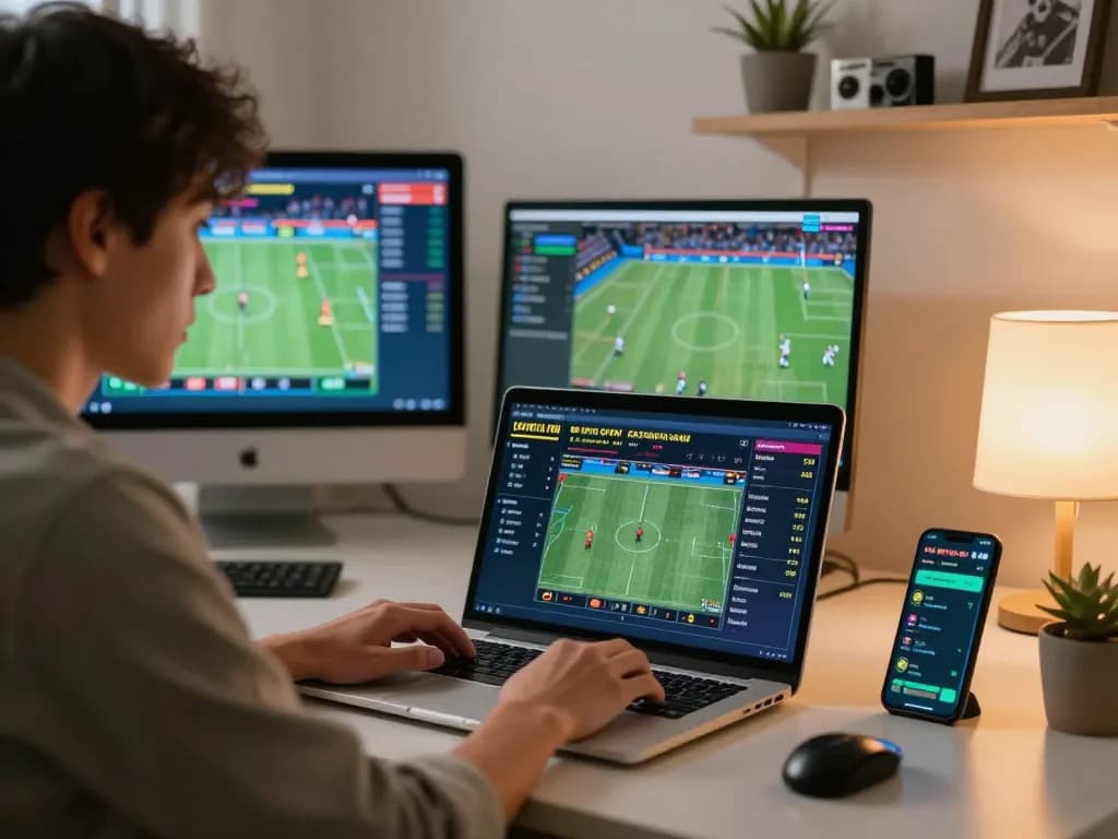 F168 user analyzing real-time betting odds on laptop in modern home office, showcasing active sports betting strategies.