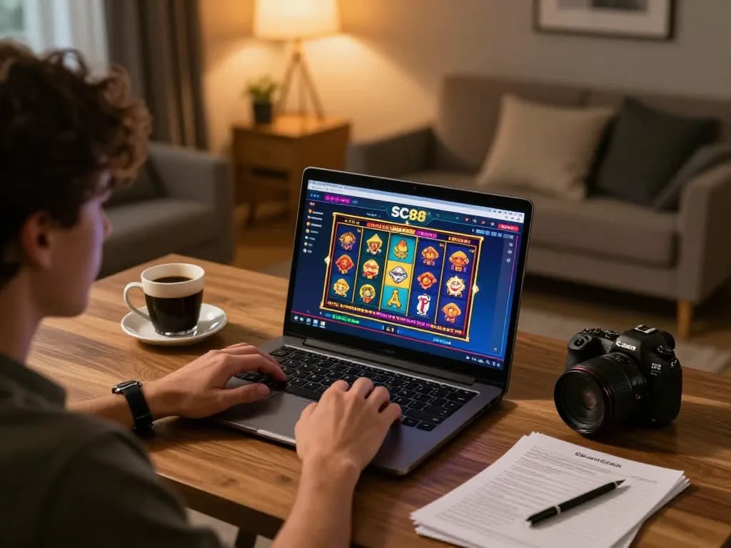 Player engaging with SC88 online casino interface in a cozy home setup