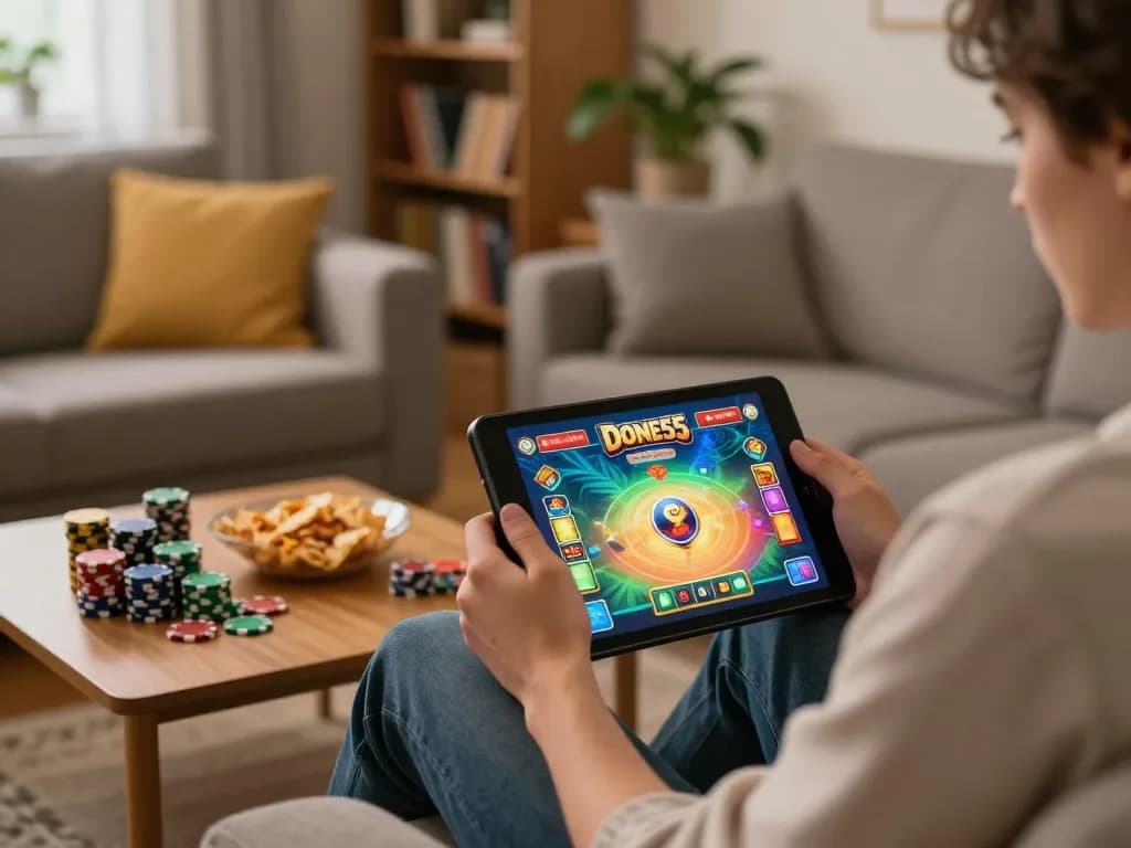 Enjoying the Done55 game on a tablet in a cozy home gaming setup