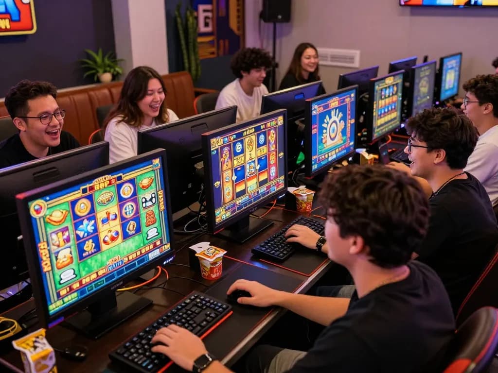 Engaged players enjoying zeus138 online slots in a lively game room setting, showcasing vibrant screens and dynamic gameplay.