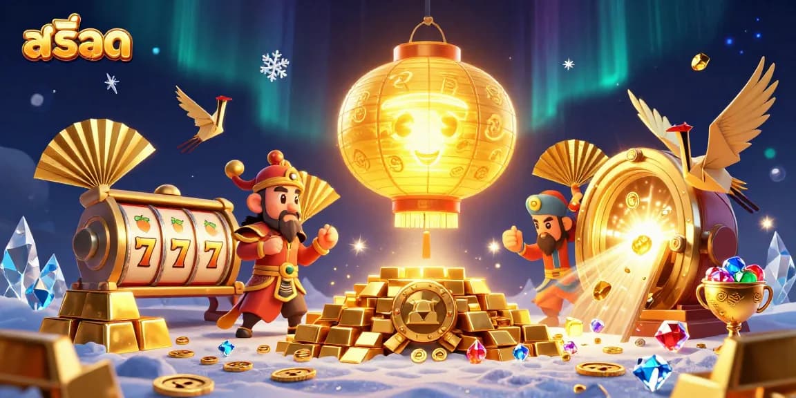 Experience สล็อต excitement with a lively casino scene featuring golden characters and slot reels.