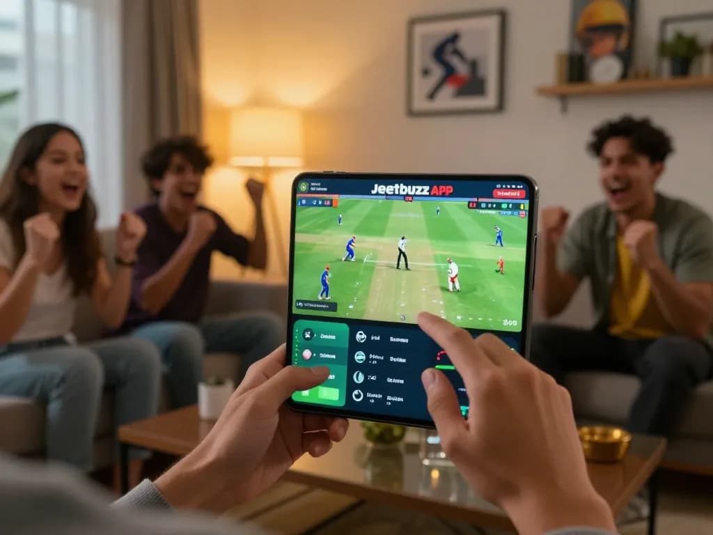 Player using the Jeetbuzz App to place live bets during a cricket match surrounded by friends.