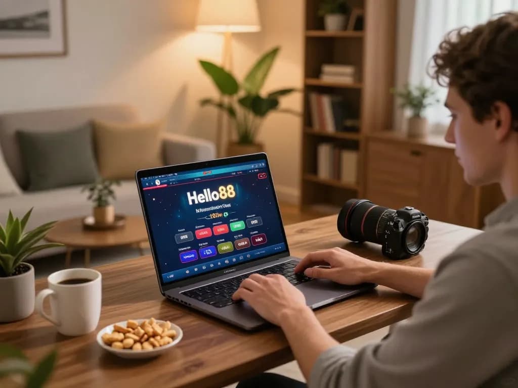 Hello88 online gaming setup with a player immersed in casino gameplay from a stylish home office