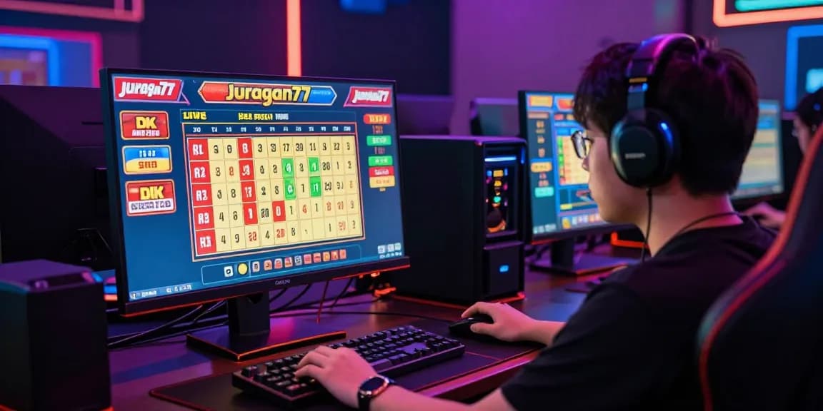 Pengalaman bermain togel juragan77 secara langsung di meja gaming dengan monitor dan perlengkapan modern.