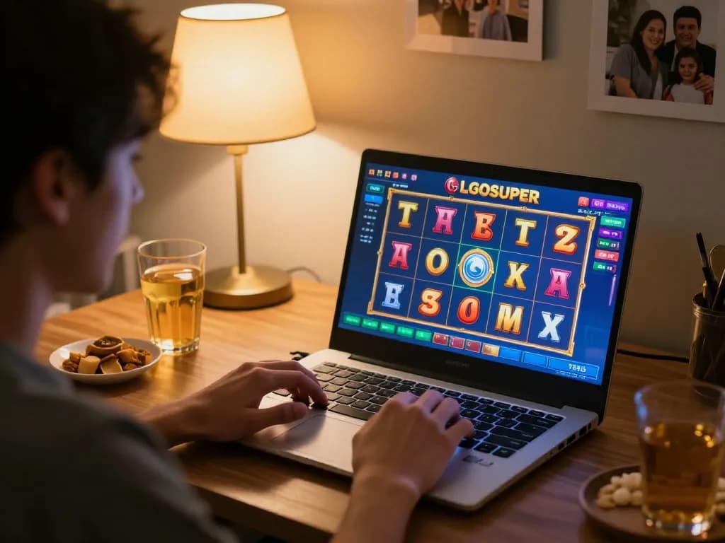 Player enjoying LGOSUPER slot game on laptop in a cozy home setting