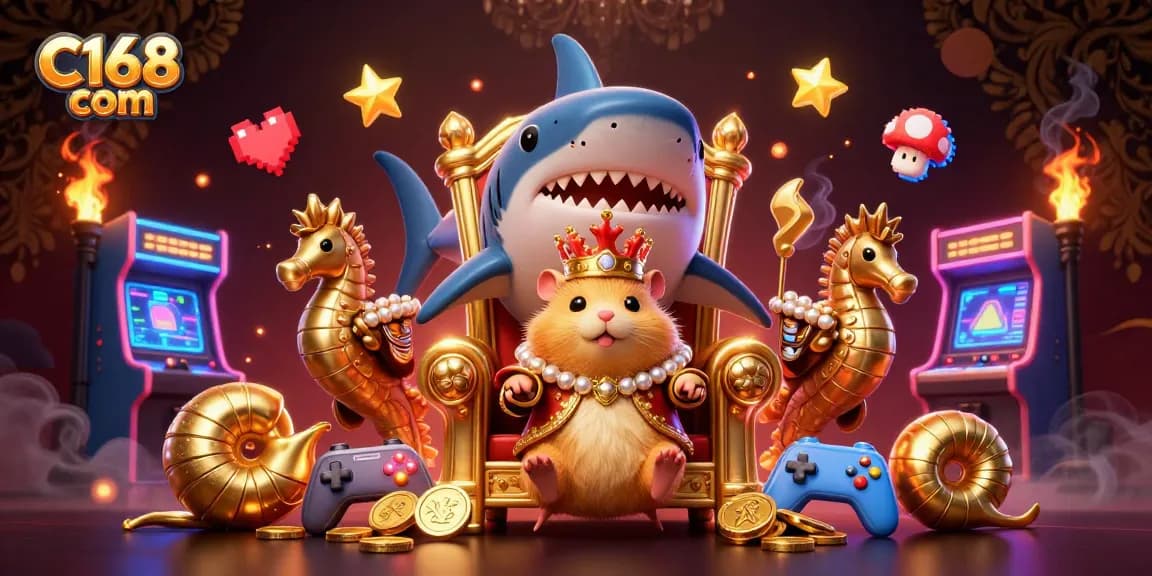 Experience C168 com's vibrant gambling scene with a golden hamster king ruling over arcade games and treasure.