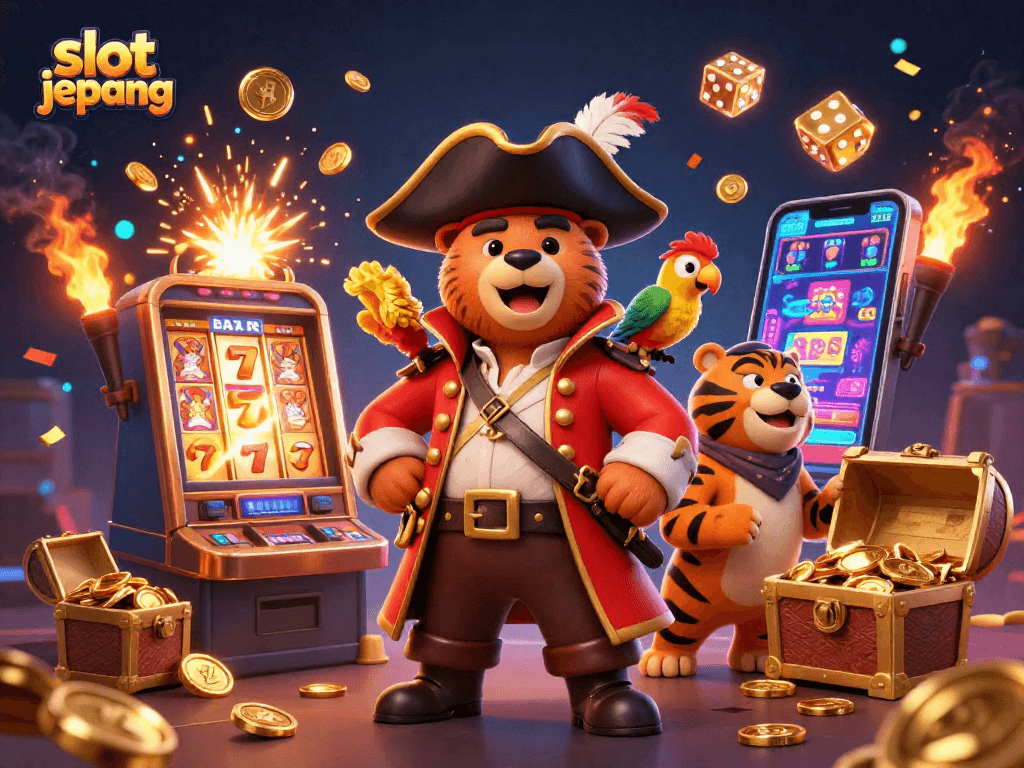 Experience thrilling slot jepang action with a pirate captain bear and tiger first mate in this vibrant, dynamic casino scene.