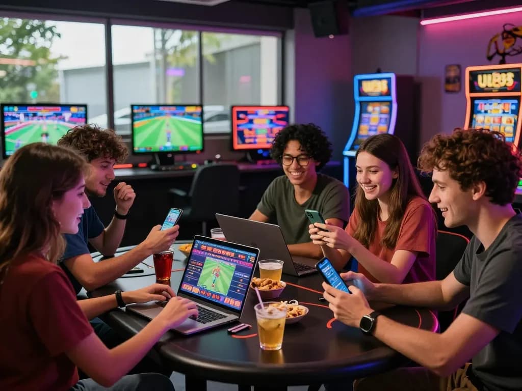 Friends enjoying a lively online betting experience at UU88, engaging with smartphones and laptops in a modern gaming lounge.