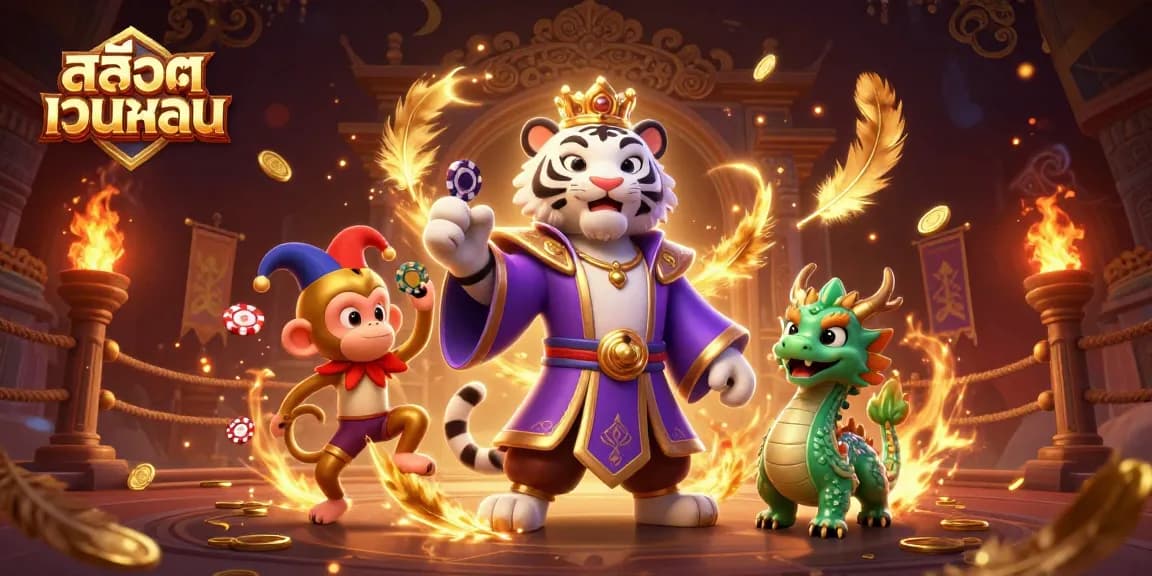 Experience the thrill of สล็อตเว็บตรง in a vibrant casino scene featuring a majestic tiger and a whimsical monkey.