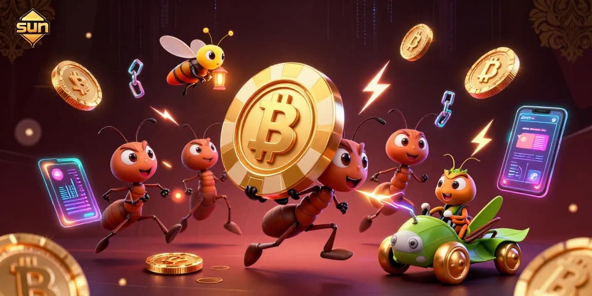 Gamble with sun logo, ants heist with golden poker chip in a vibrant casino scene.
