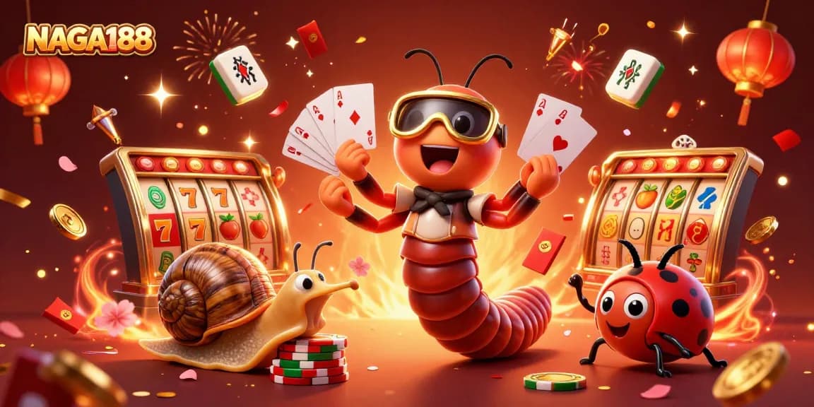 NAGA188 menampilkan ilustrasi kasino yang semarak dengan dealer kartun dan simbol slot yang berkilau.