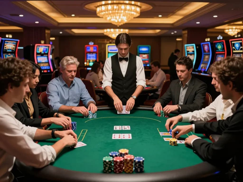 See maxpoker88 players strategizing during a high-stakes poker game in a luxury casino environment