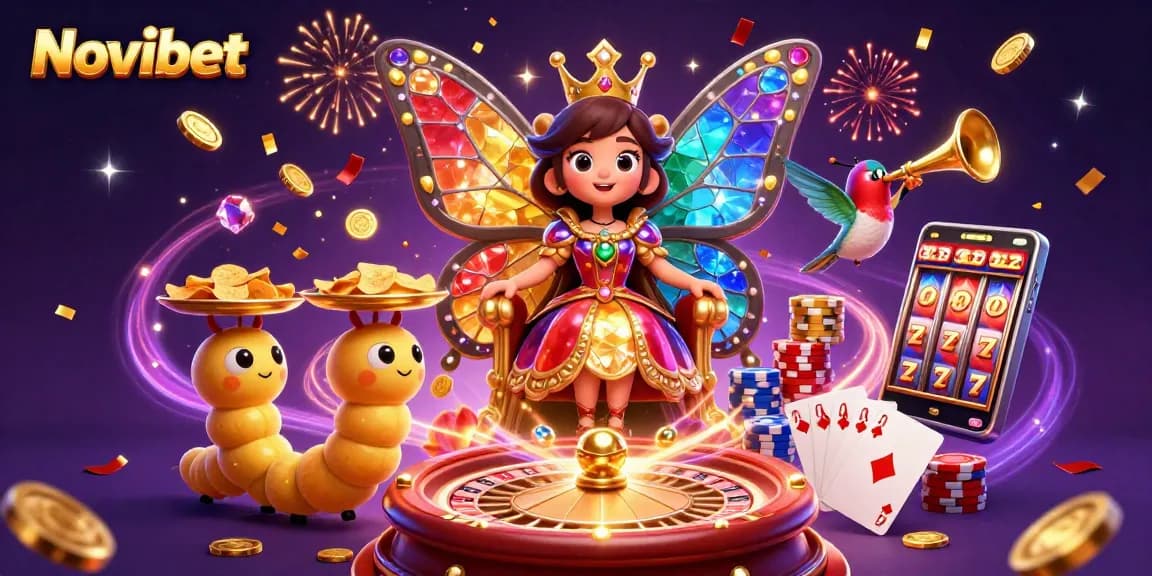 Experience the excitement of Novibet with a vibrant 3D illustration featuring a butterfly queen, chips, and live casino elements.