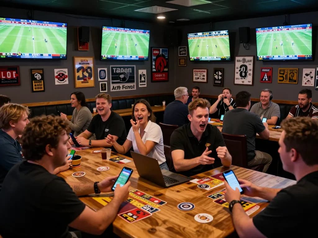 Tỷ Lệ Bóng Đá scene in a lively sports bar showcasing fans placing bets and watching live matches