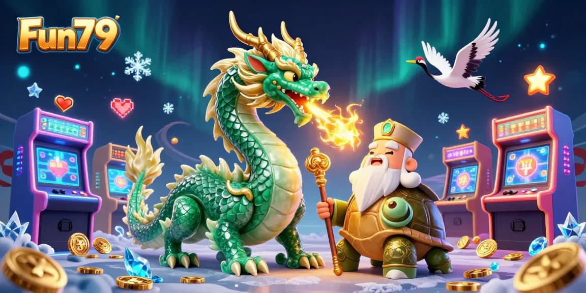 Engaging Fun79 gaming scene with a dragon, turtle sage, and cranes amidst vibrant casino elements.