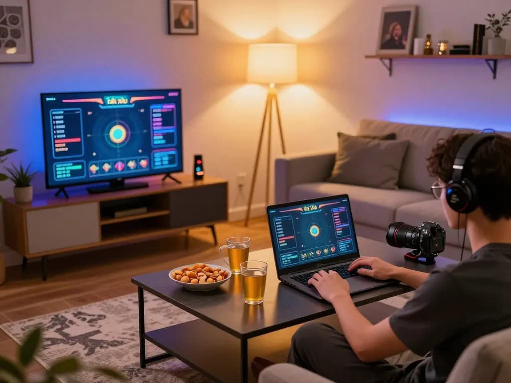 Engaging in tài xỉu online with a laptop in a cozy home setting featuring dynamic graphics and snacks