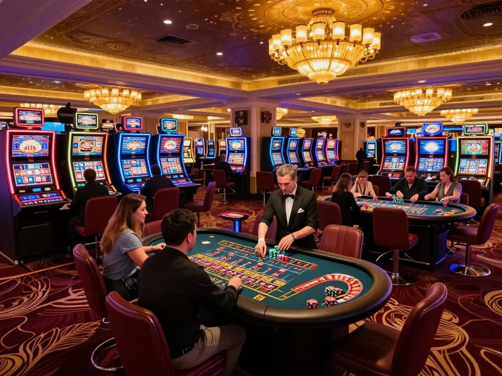 Experience the excitement at link gg88 with players at roulette and vibrant slot machines.
