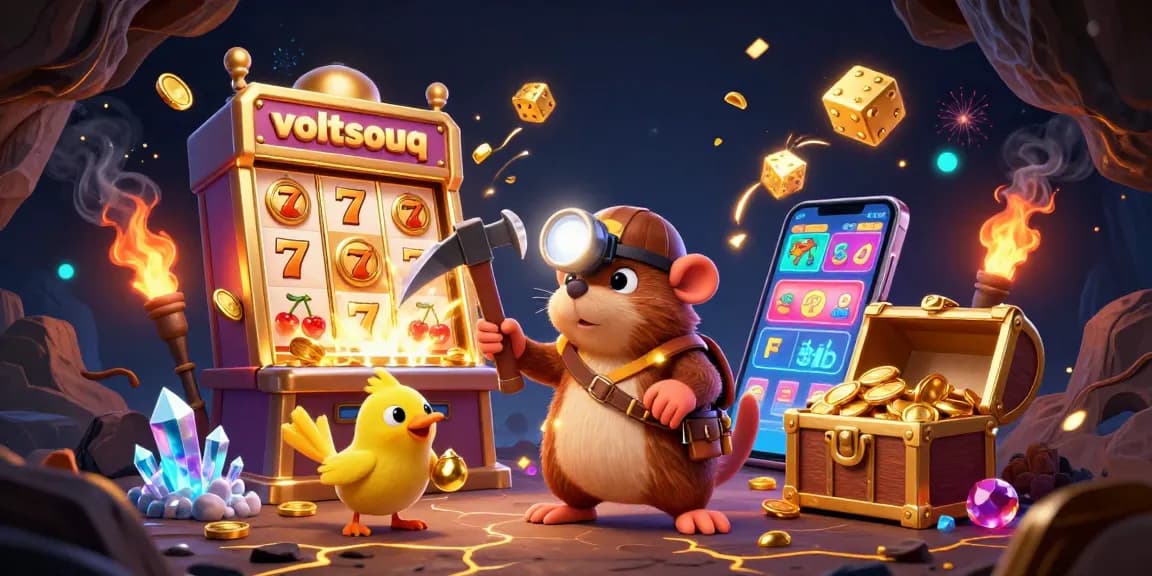 Experience thrilling wins at voltsouq with a vibrant casino scene featuring a treasure hunter mole and dynamic slot machine action.