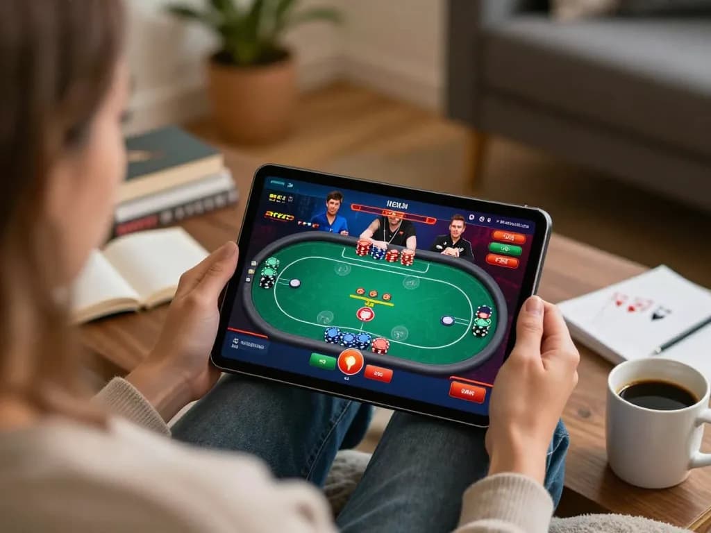 B52club player strategizing at home using a tablet for poker game online.