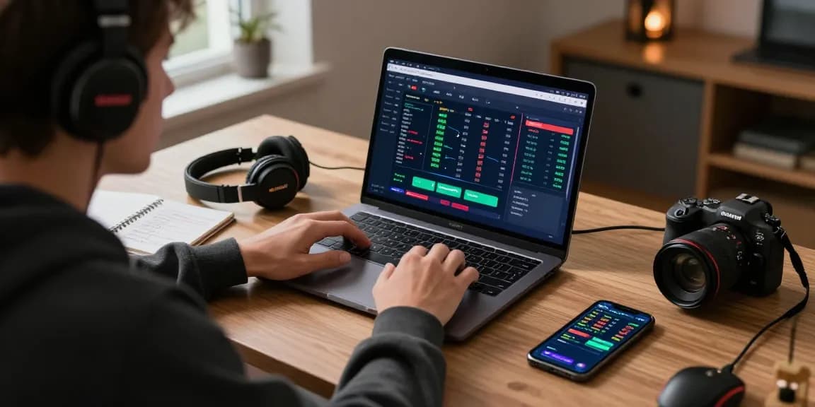 Engaged user exploring Betebet online betting platform with gaming accessories in a cozy home office.