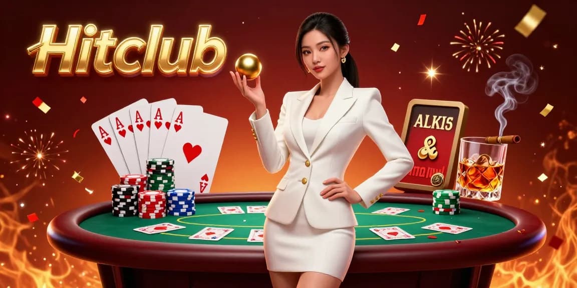 Hitclub showcases a confident Asian woman in a tuxedo holding a roulette ball, amid vibrant casino elements.
